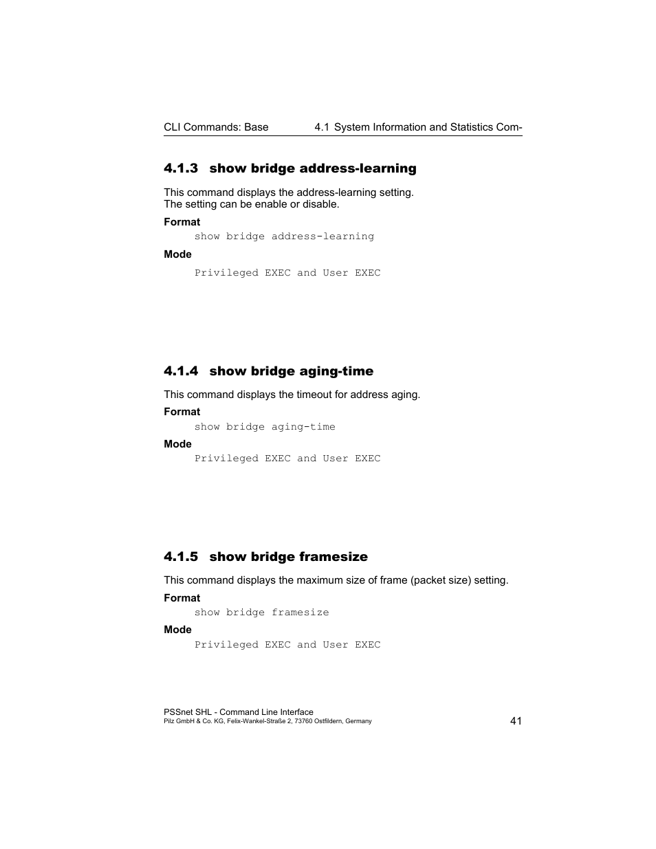 3 show bridge address-learning, 4 show bridge aging-time, 5 show bridge framesize | Pilz PSSnet SHL 8T MRP User Manual | Page 41 / 353