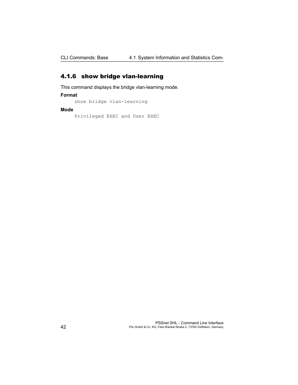 6 show bridge vlan-learning, Show bridge vlan-learning | Pilz PSSnet SHL 8T MRP User Manual | Page 42 / 353