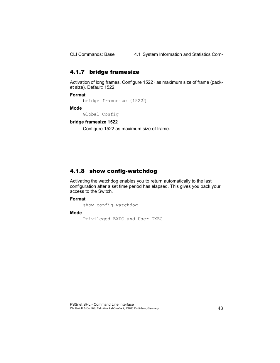 7 bridge framesize, 8 show config-watchdog | Pilz PSSnet SHL 8T MRP User Manual | Page 43 / 353