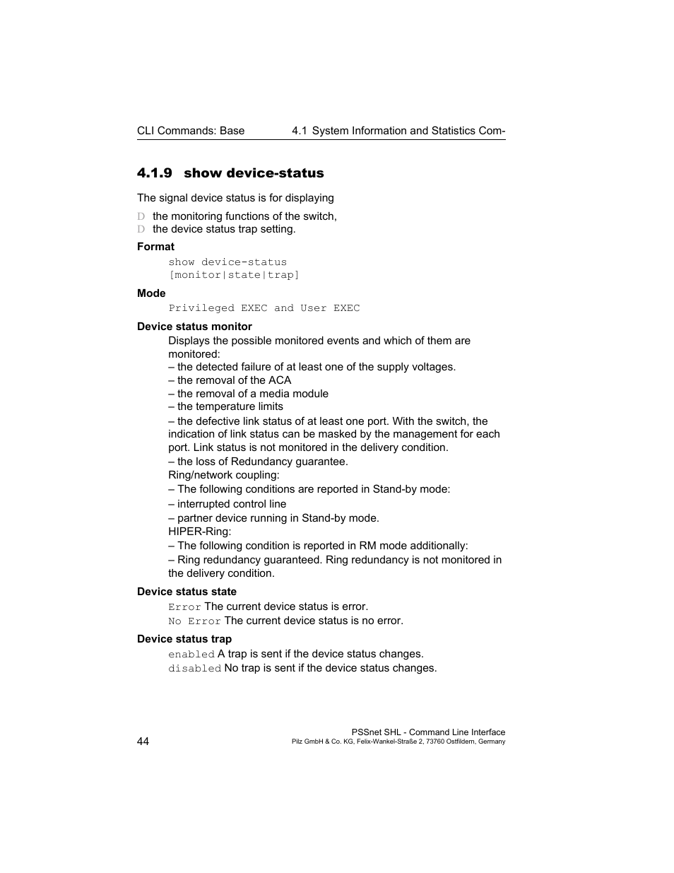 9 show device-status | Pilz PSSnet SHL 8T MRP User Manual | Page 44 / 353