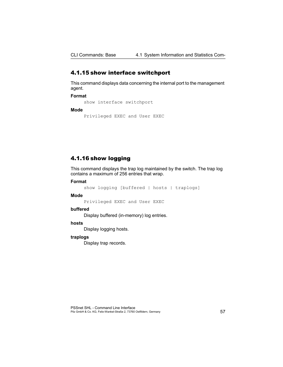 15 show interface switchport, 16 show logging, 15show interface switchport | 16show logging | Pilz PSSnet SHL 8T MRP User Manual | Page 57 / 353