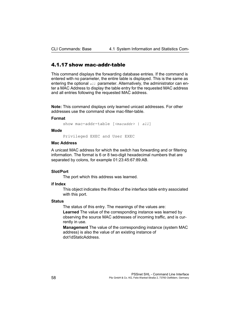 17 show mac-addr-table, 17show mac-addr-table | Pilz PSSnet SHL 8T MRP User Manual | Page 58 / 353