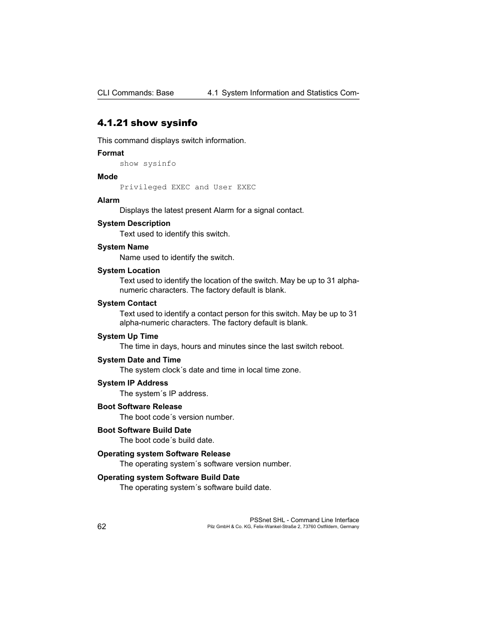 21 show sysinfo, 21show sysinfo | Pilz PSSnet SHL 8T MRP User Manual | Page 62 / 353