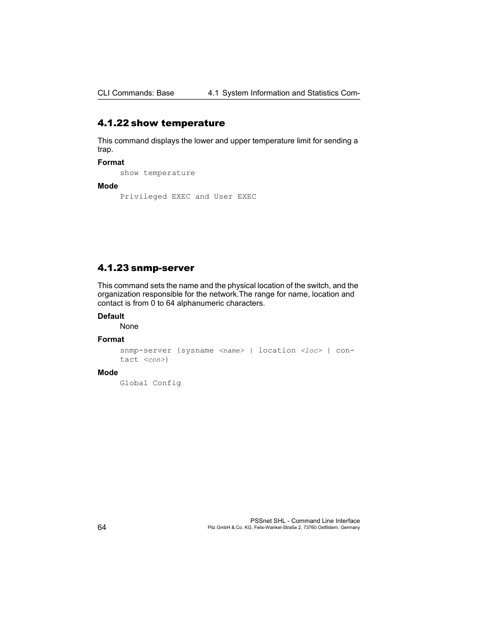 22 show temperature, 23 snmp-server, 22show temperature | 23snmp-server 64 | Pilz PSSnet SHL 8T MRP User Manual | Page 64 / 353