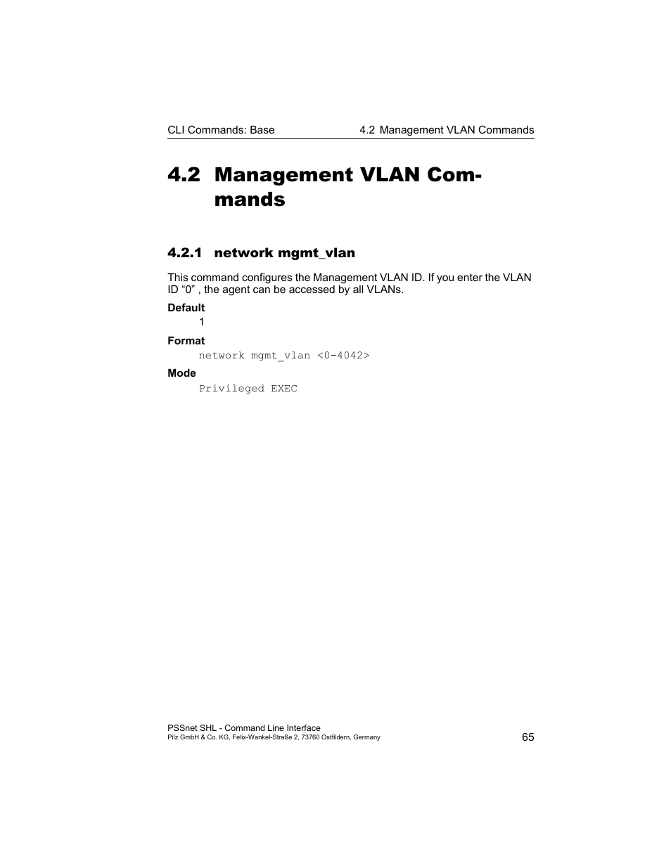 2 management vlan commands, 1 network mgmt_vlan, Management vlan commands | 2 management vlan com- mands | Pilz PSSnet SHL 8T MRP User Manual | Page 65 / 353