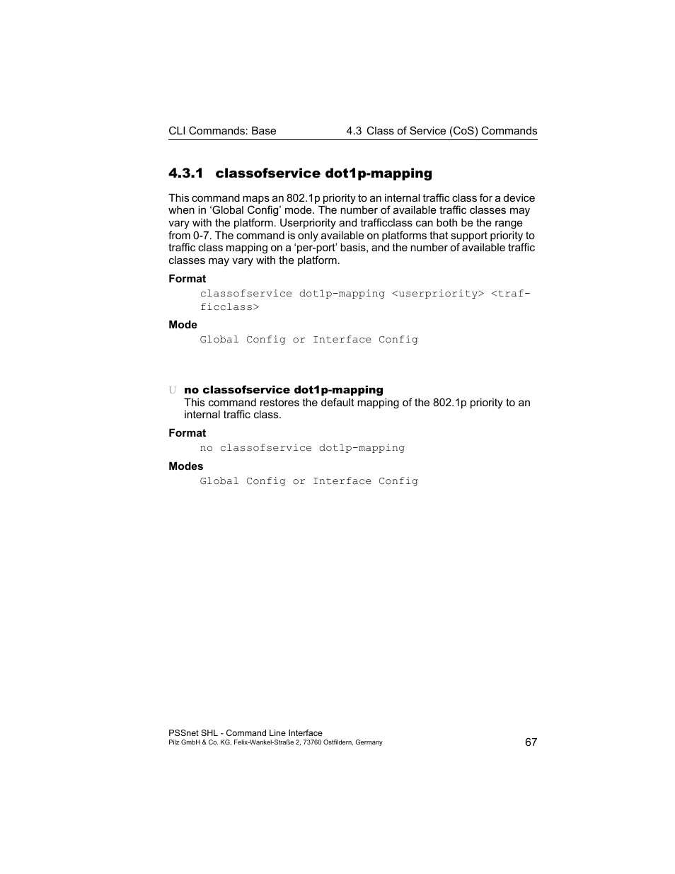 1 classofservice dot1p-mapping | Pilz PSSnet SHL 8T MRP User Manual | Page 67 / 353