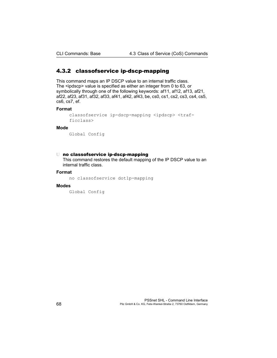 2 classofservice ip-dscp-mapping | Pilz PSSnet SHL 8T MRP User Manual | Page 68 / 353