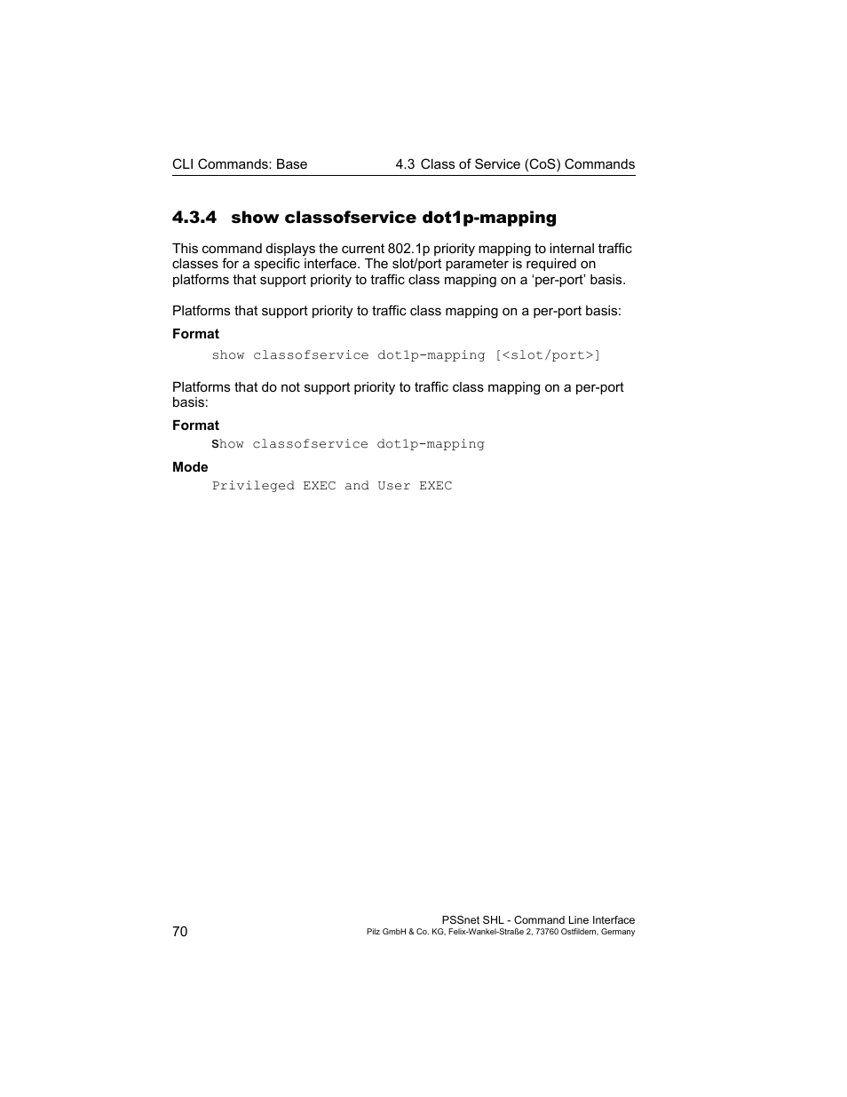 4 show classofservice dot1p-mapping | Pilz PSSnet SHL 8T MRP User Manual | Page 70 / 353
