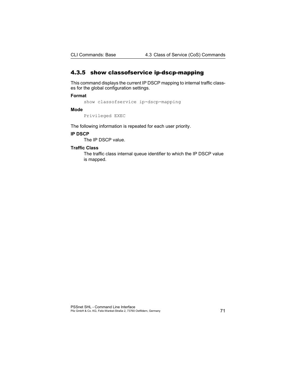 5 show classofservice ip-dscp-mapping | Pilz PSSnet SHL 8T MRP User Manual | Page 71 / 353