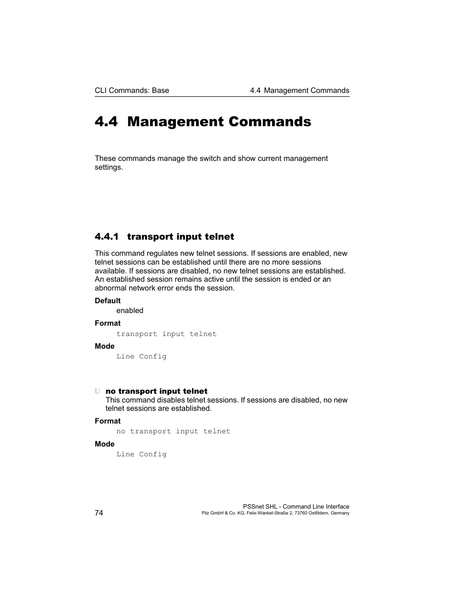 4 management commands, 1 transport input telnet, Management commands | Pilz PSSnet SHL 8T MRP User Manual | Page 74 / 353