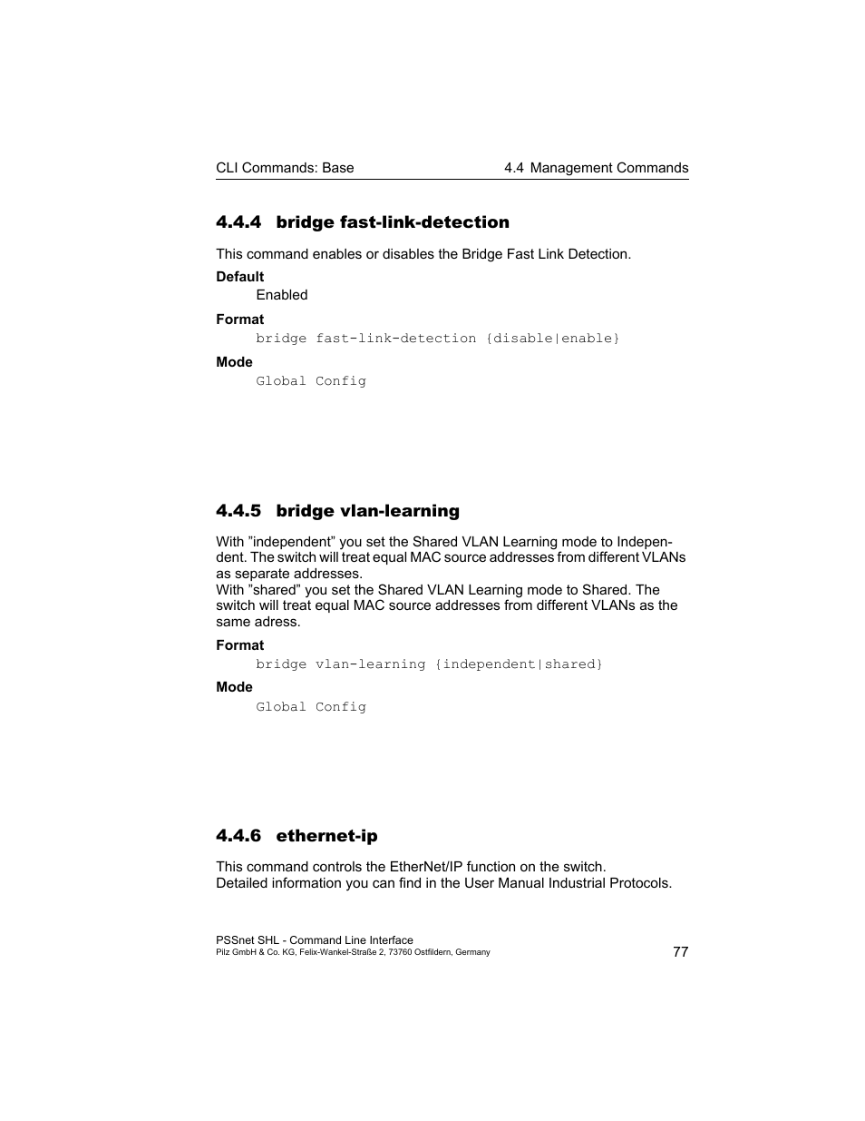 4 bridge fast-link-detection, 5 bridge vlan-learning, 6 ethernet-ip | 6 ethernet-ip 77 | Pilz PSSnet SHL 8T MRP User Manual | Page 77 / 353