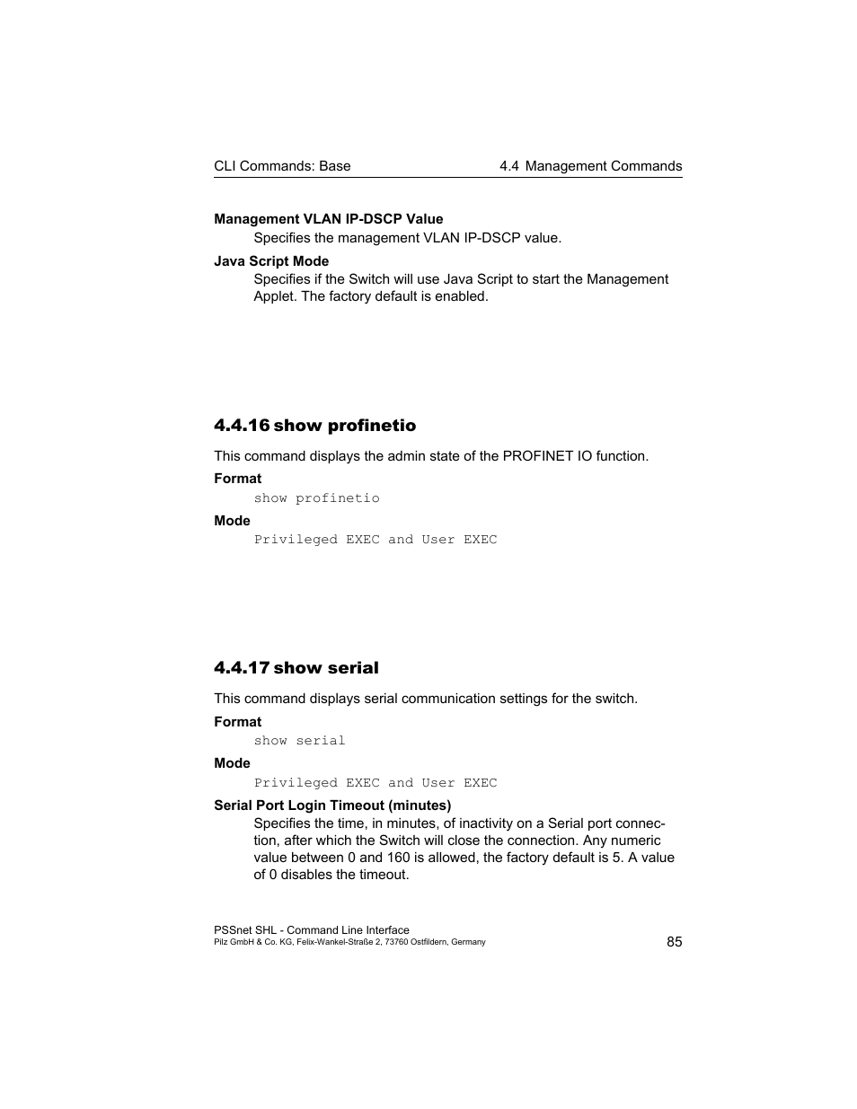 16 show profinetio, 17 show serial, 16show profinetio | 17show serial | Pilz PSSnet SHL 8T MRP User Manual | Page 85 / 353