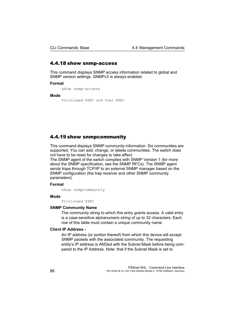 18 show snmp-access, 19 show snmpcommunity, 18show snmp-access | 19show snmpcommunity | Pilz PSSnet SHL 8T MRP User Manual | Page 86 / 353