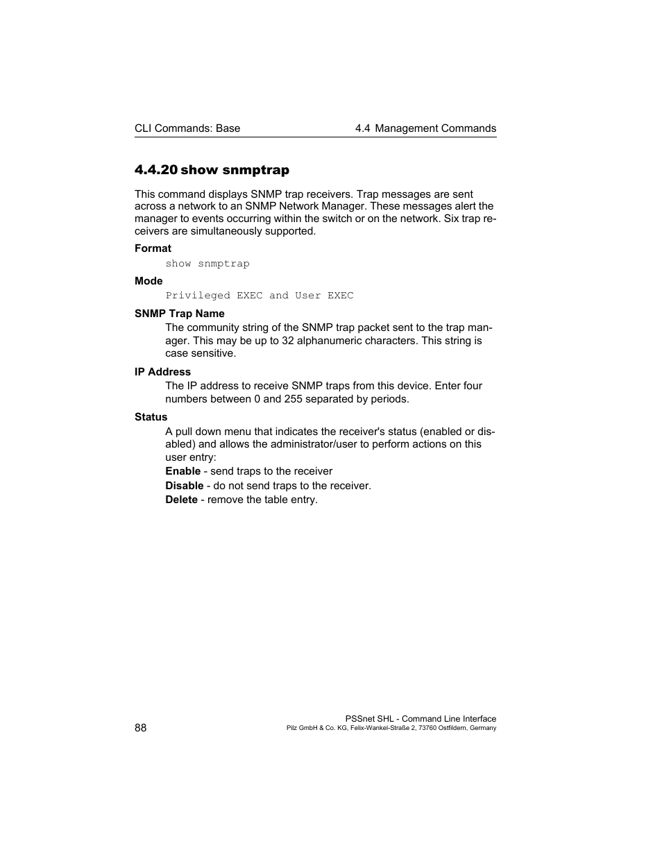 20 show snmptrap, 20show snmptrap | Pilz PSSnet SHL 8T MRP User Manual | Page 88 / 353
