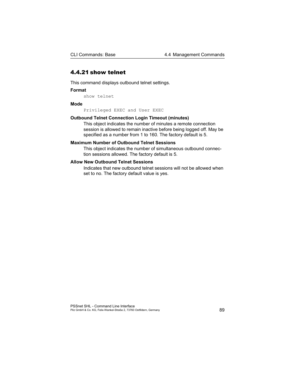 21 show telnet, 21show telnet | Pilz PSSnet SHL 8T MRP User Manual | Page 89 / 353