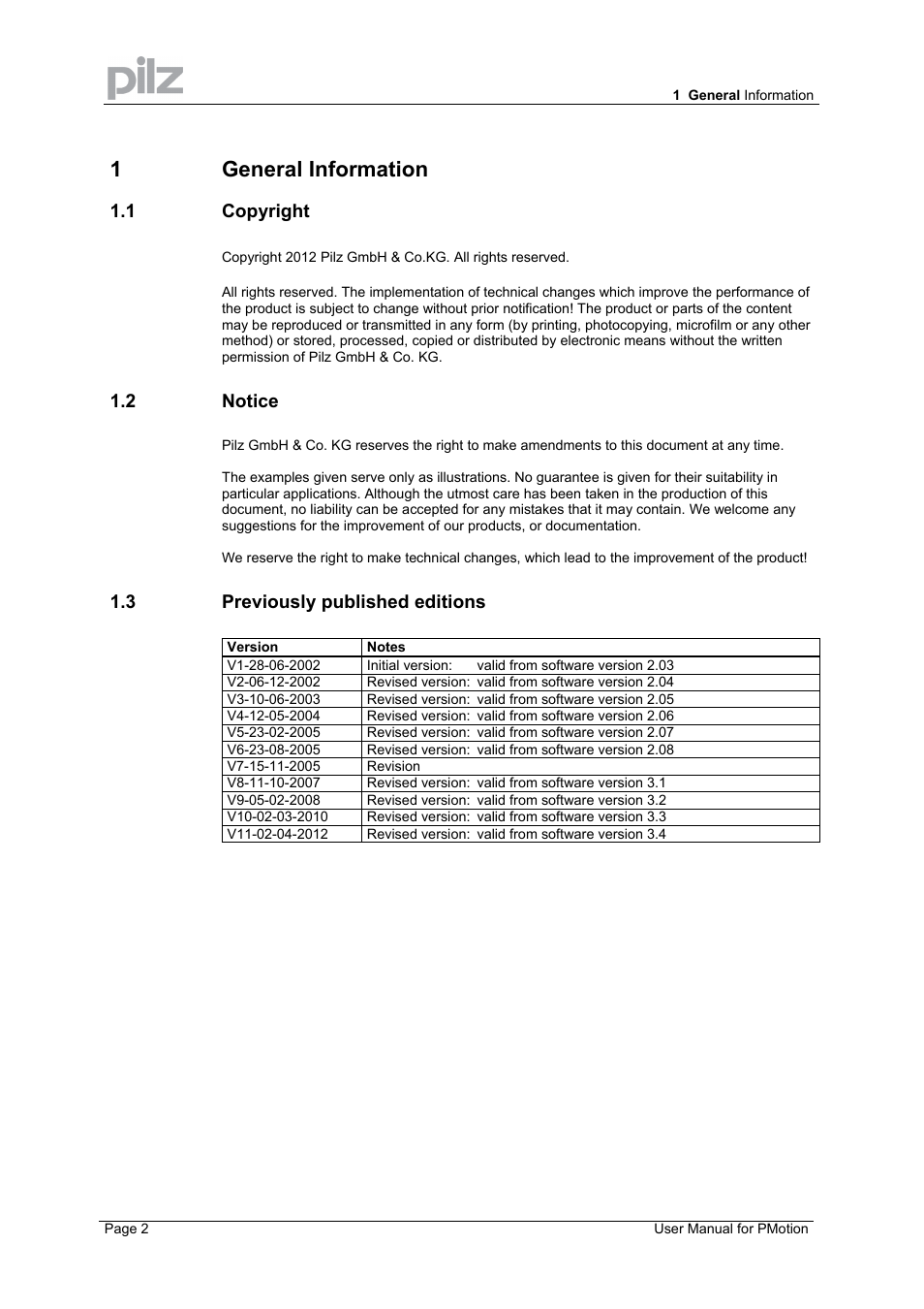 1 general information, 1 copyright, 2 notice | 3 previously published editions | Pilz PMCprimo 16+.00/0/1/6/4 User Manual | Page 2 / 56