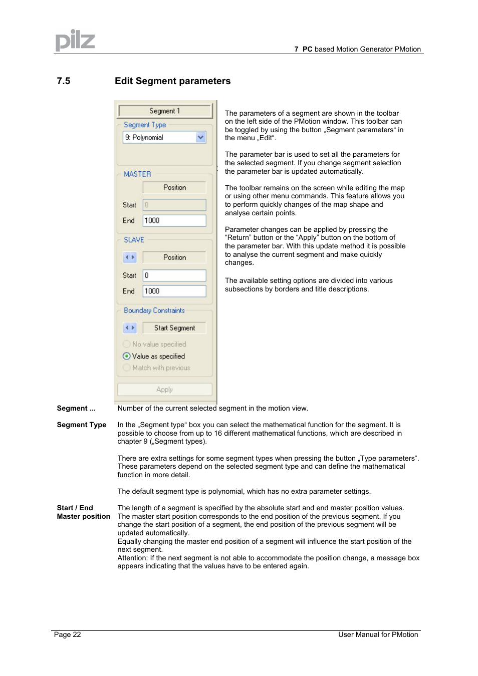5 edit segment parameters | Pilz PMCprimo 16+.00/0/1/6/4 User Manual | Page 22 / 56