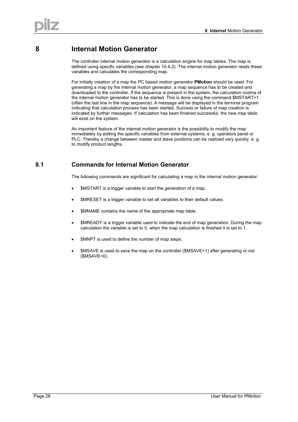 8 internal motion generator, 1 commands for internal motion generator | Pilz PMCprimo 16+.00/0/1/6/4 User Manual | Page 28 / 56