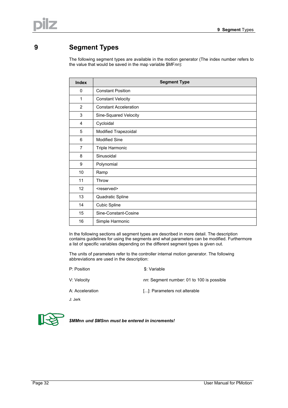 9 segment types | Pilz PMCprimo 16+.00/0/1/6/4 User Manual | Page 32 / 56