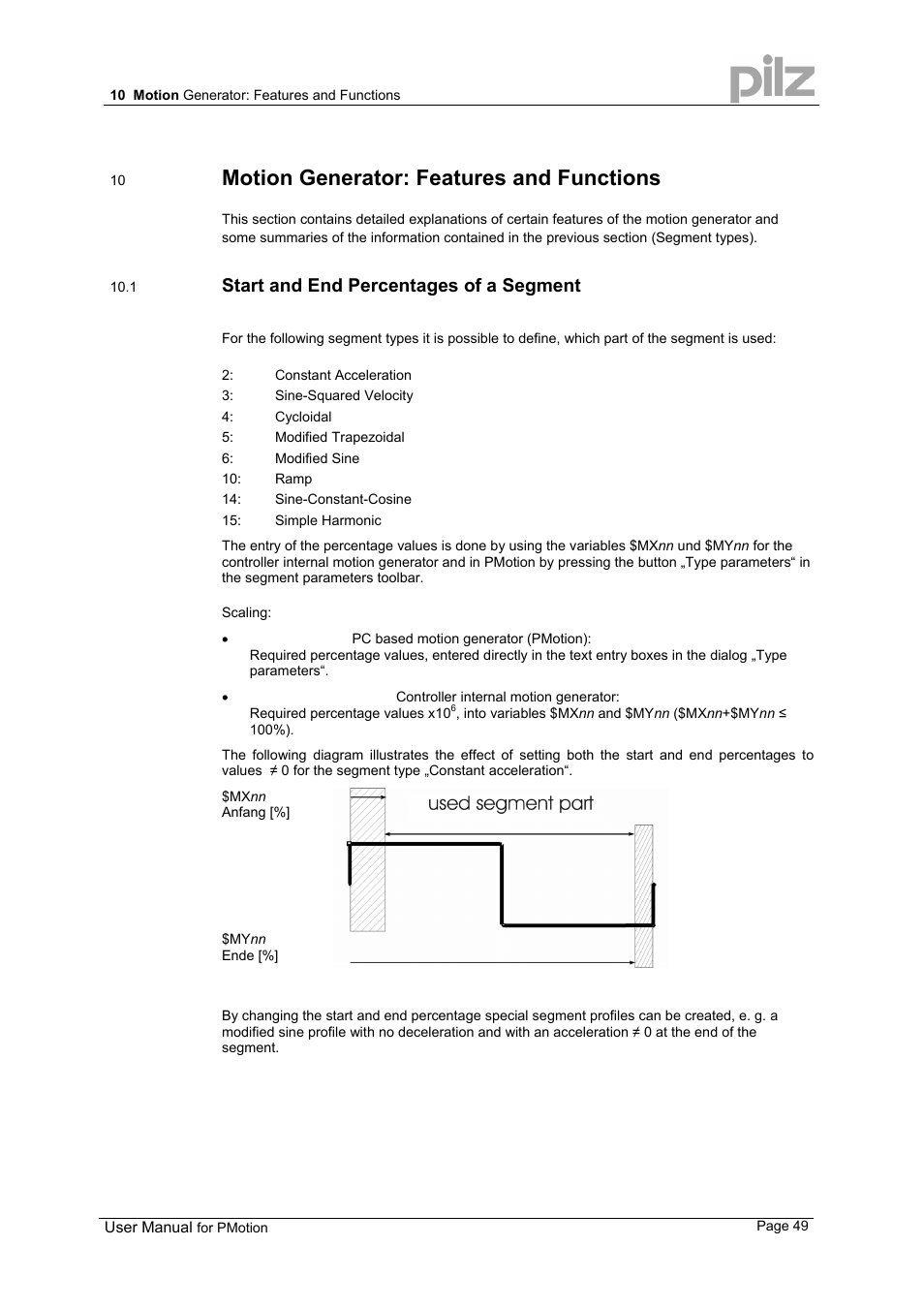 Motion generator: features and functions, Start and end percentages of a segment | Pilz PMCprimo 16+.00/0/1/6/4 User Manual | Page 49 / 56