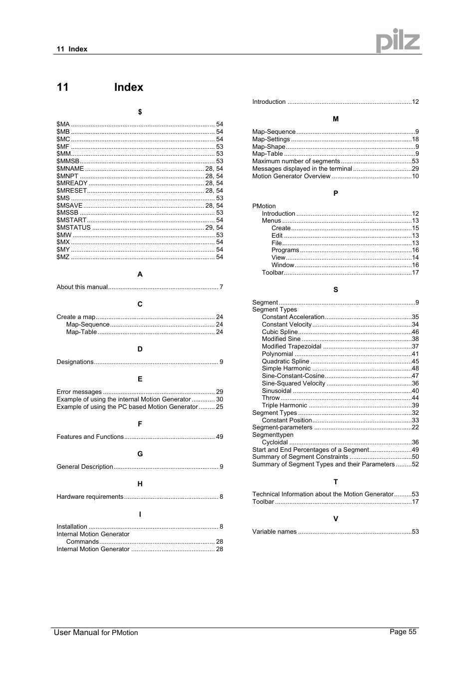 11 index | Pilz PMCprimo 16+.00/0/1/6/4 User Manual | Page 55 / 56