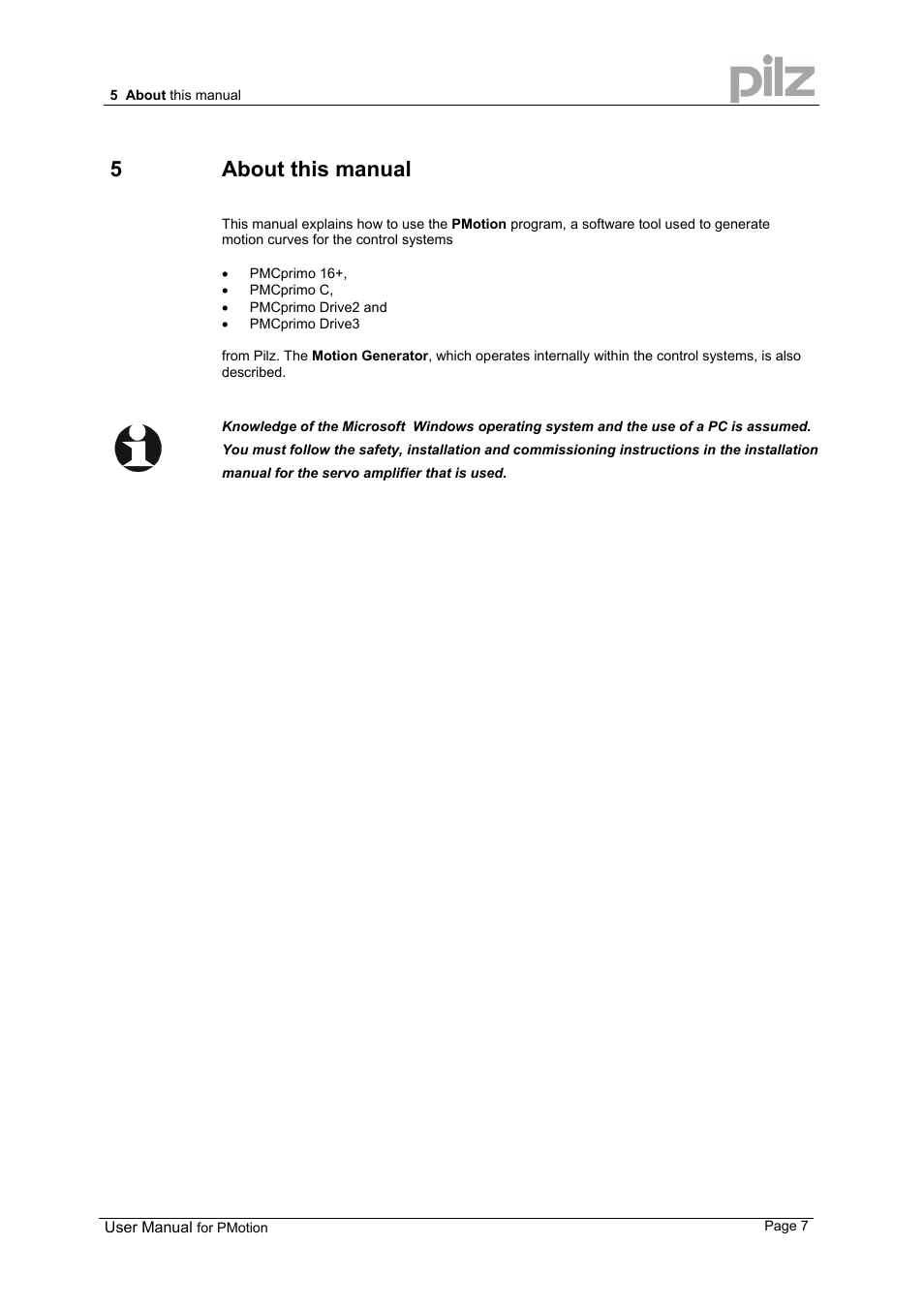 5about this manual | Pilz PMCprimo 16+.00/0/1/6/4 User Manual | Page 7 / 56
