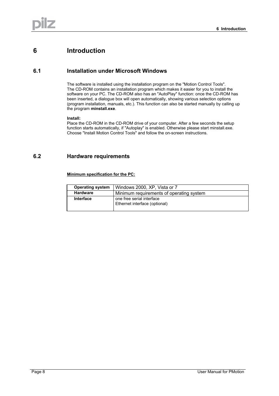 6 introduction, 1 installation under microsoft windows, 2 hardware requirements | Pilz PMCprimo 16+.00/0/1/6/4 User Manual | Page 8 / 56
