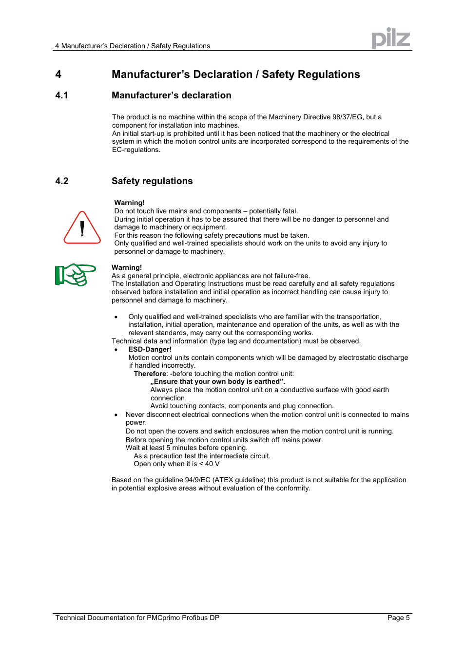 4manufacturer’s declaration / safety regulations, 1 manufacturer’s declaration, 2 safety regulations | Pilz PMCprimo 16+.00/0/1/6/4 User Manual | Page 5 / 16