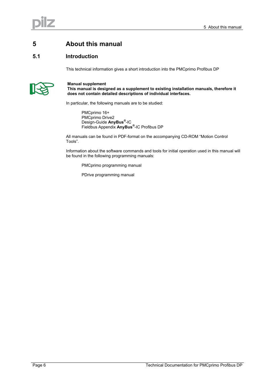 5about this manual, 1 introduction | Pilz PMCprimo 16+.00/0/1/6/4 User Manual | Page 6 / 16