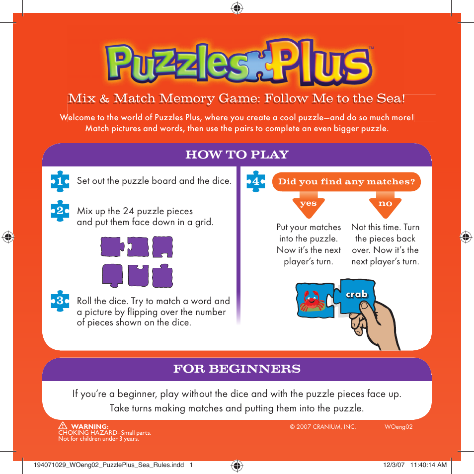 Cranium Puzzles Plus Mix & Match Memory Game User Manual | 2 pages