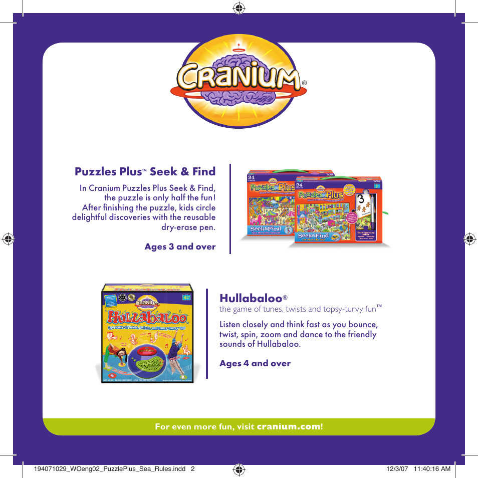 Hullabaloo, Puzzles plus, Seek & find | Cranium Puzzles Plus Mix & Match Memory Game User Manual | Page 2 / 2