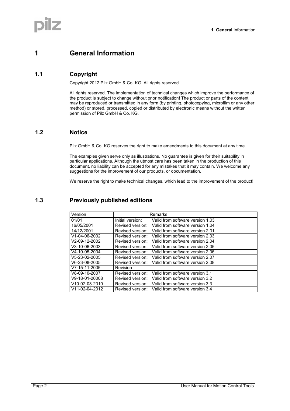 1 general information, 1 copyright, 2 notice | 3 previously published editions | Pilz PMCprimo 16+.00/0/1/6/4 User Manual | Page 2 / 48