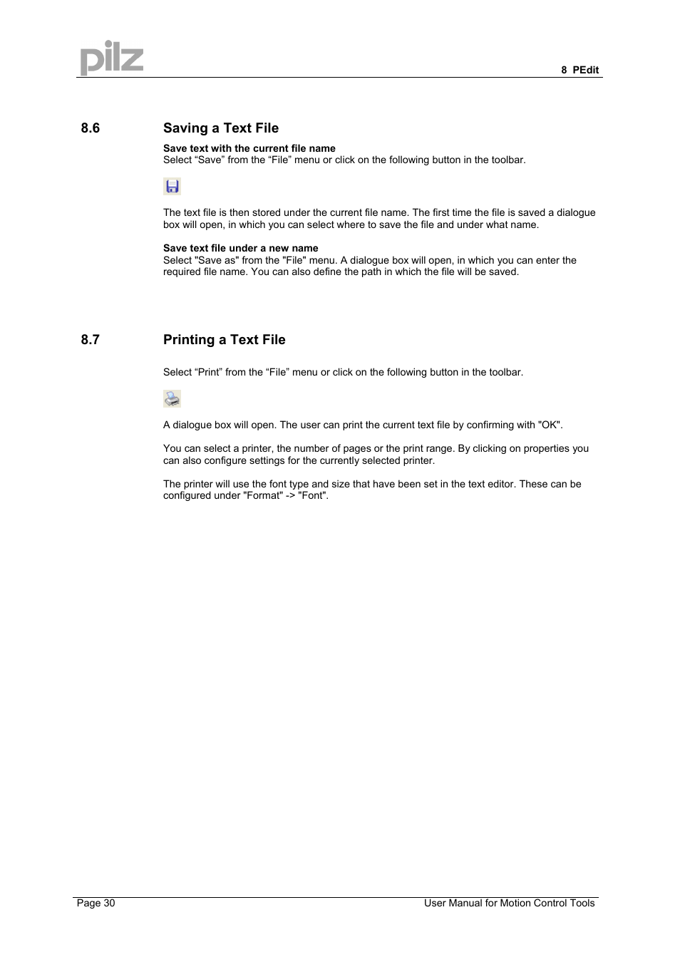 6 saving a text file, 7 printing a text file | Pilz PMCprimo 16+.00/0/1/6/4 User Manual | Page 30 / 48