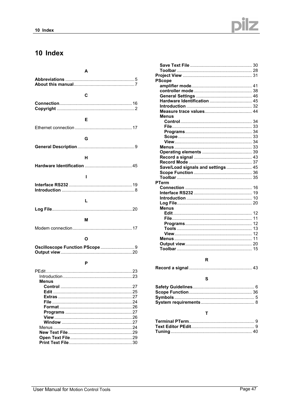 10 index | Pilz PMCprimo 16+.00/0/1/6/4 User Manual | Page 47 / 48