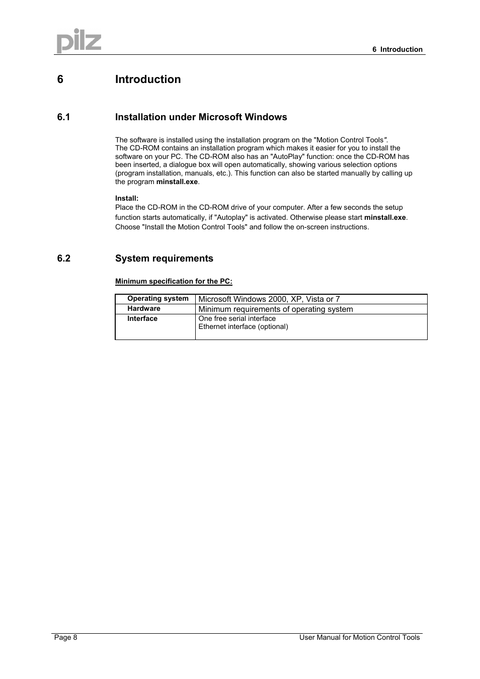 6 introduction, 1 installation under microsoft windows, 2 system requirements | Pilz PMCprimo 16+.00/0/1/6/4 User Manual | Page 8 / 48