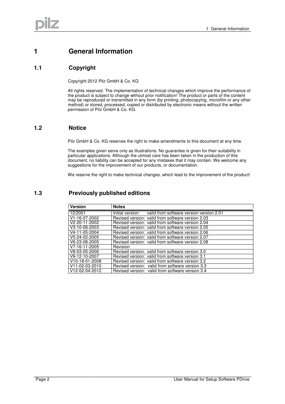 1general information, 1 copyright, 2 notice | 3 previously published editions | Pilz PMCprimo Drive2.01/21/5/230-480V User Manual | Page 2 / 56