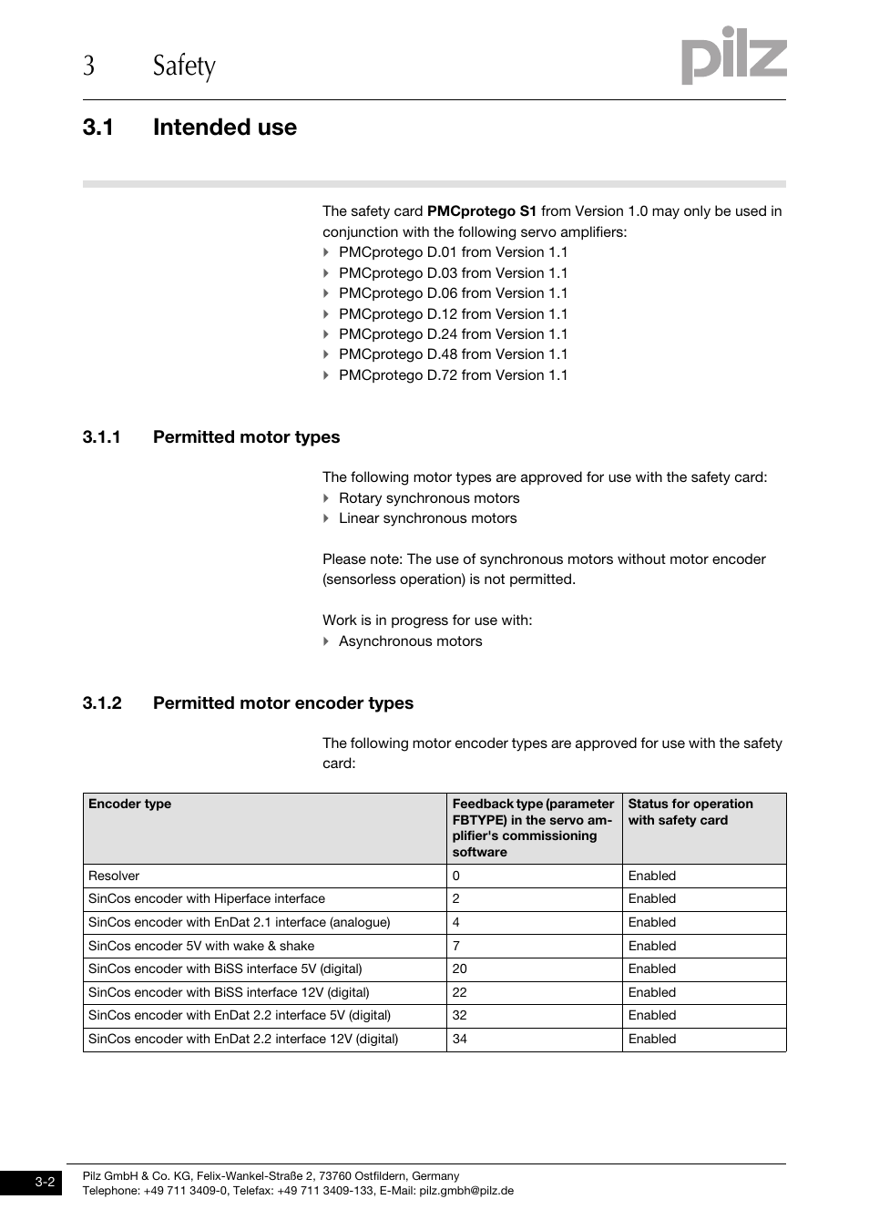 Permitted motor types, Permitted motor encoder types, 3safety | 1 intended use, 1 permitted motor types, 2 permitted motor encoder types | Pilz PMCprimo DriveP.01/AA0/4/0/0/208-480VAC User Manual | Page 16 / 101