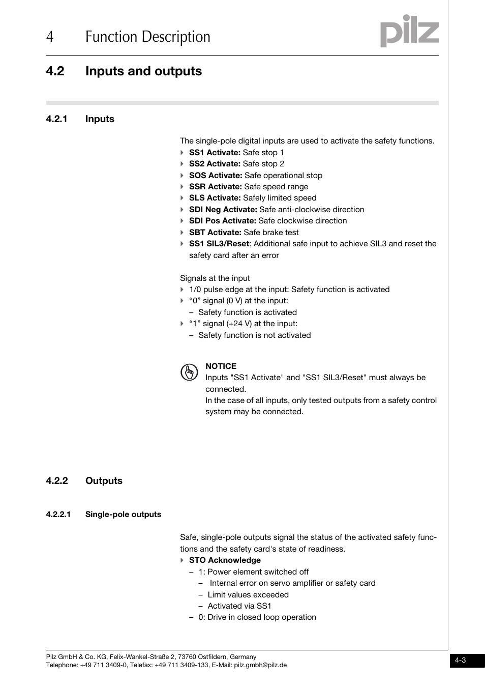 Inputs and outputs, Inputs, Outputs | Single-pole outputs, 4function description, 2 inputs and outputs, 1 inputs, 2 outputs | Pilz PMCprimo DriveP.01/AA0/4/0/0/208-480VAC User Manual | Page 21 / 101