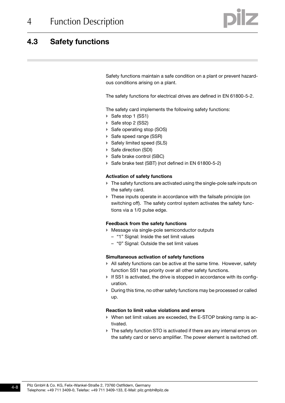 Safety functions, 4function description, 3 safety functions | Pilz PMCprimo DriveP.01/AA0/4/0/0/208-480VAC User Manual | Page 26 / 101