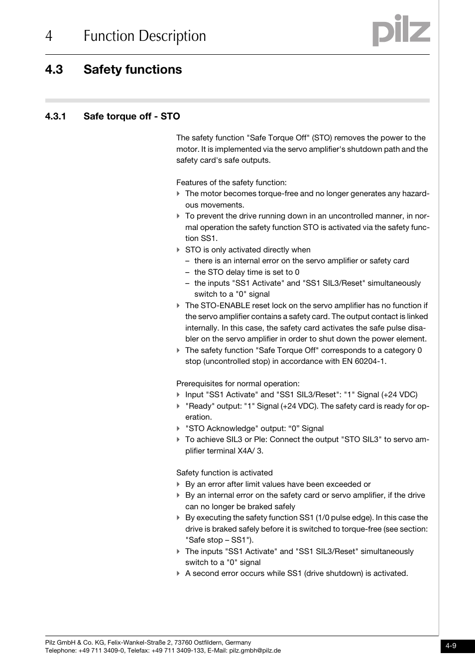 Safe torque off - sto, 4function description, 3 safety functions | 1 safe torque off - sto | Pilz PMCprimo DriveP.01/AA0/4/0/0/208-480VAC User Manual | Page 27 / 101