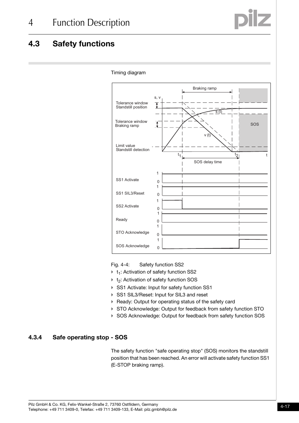Safe operating stop - sos, 4function description, 3 safety functions | 4 safe operating stop - sos | Pilz PMCprimo DriveP.01/AA0/4/0/0/208-480VAC User Manual | Page 35 / 101