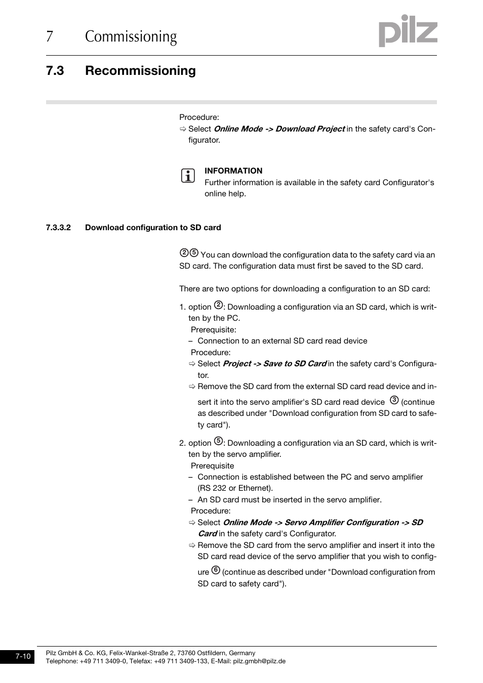 Download configuration to sd card, 7commissioning, 3 recommissioning | Pilz PMCprimo DriveP.01/AA0/4/0/0/208-480VAC User Manual | Page 82 / 101