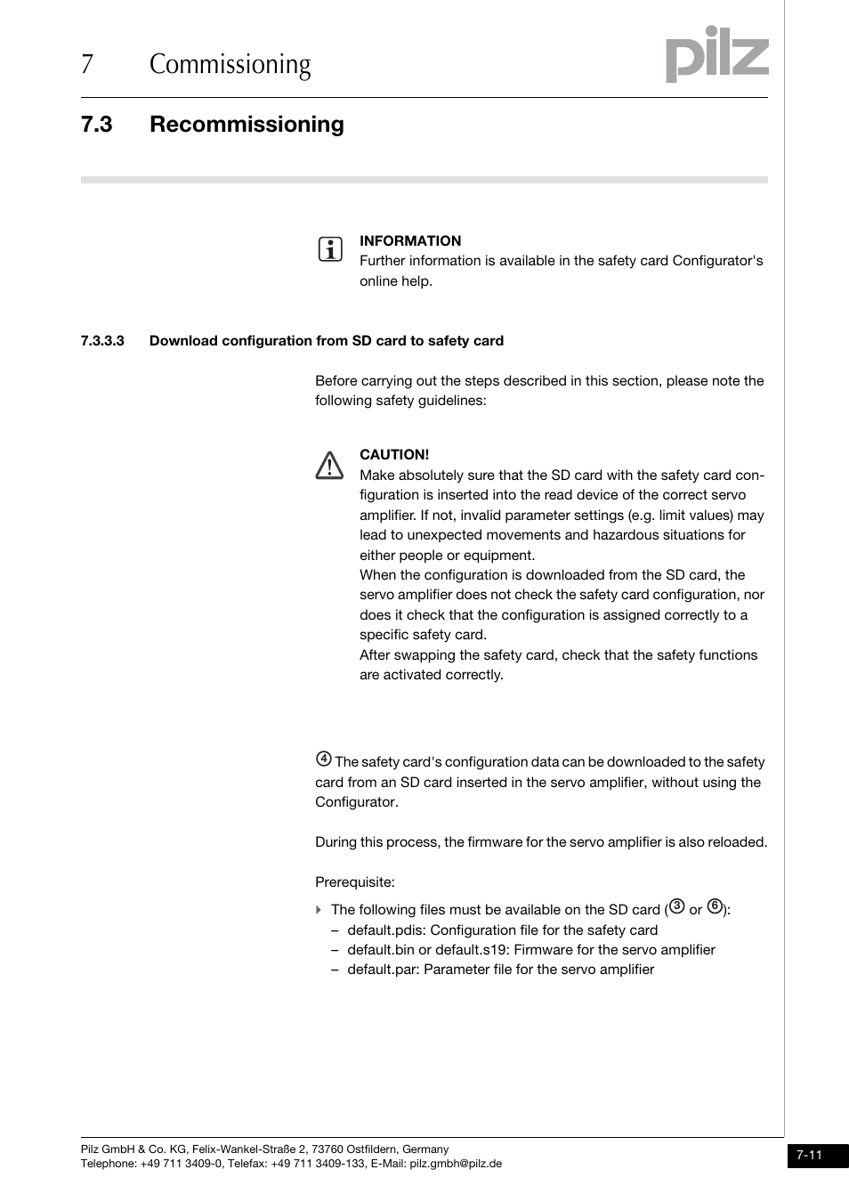 Download configuration from sd card to safety card, 7commissioning, 3 recommissioning | Pilz PMCprimo DriveP.01/AA0/4/0/0/208-480VAC User Manual | Page 83 / 101