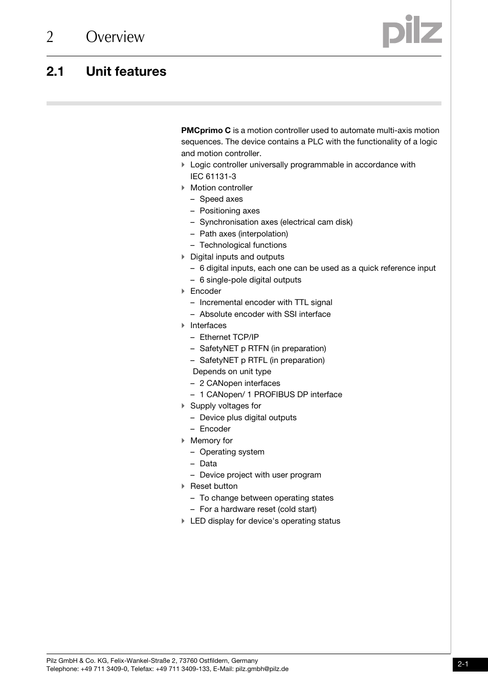 Overview, Unit features, 2overview | 1 unit features | Pilz PMCprimo DriveP.01/AA0/4/0/0/208-480VAC User Manual | Page 11 / 73