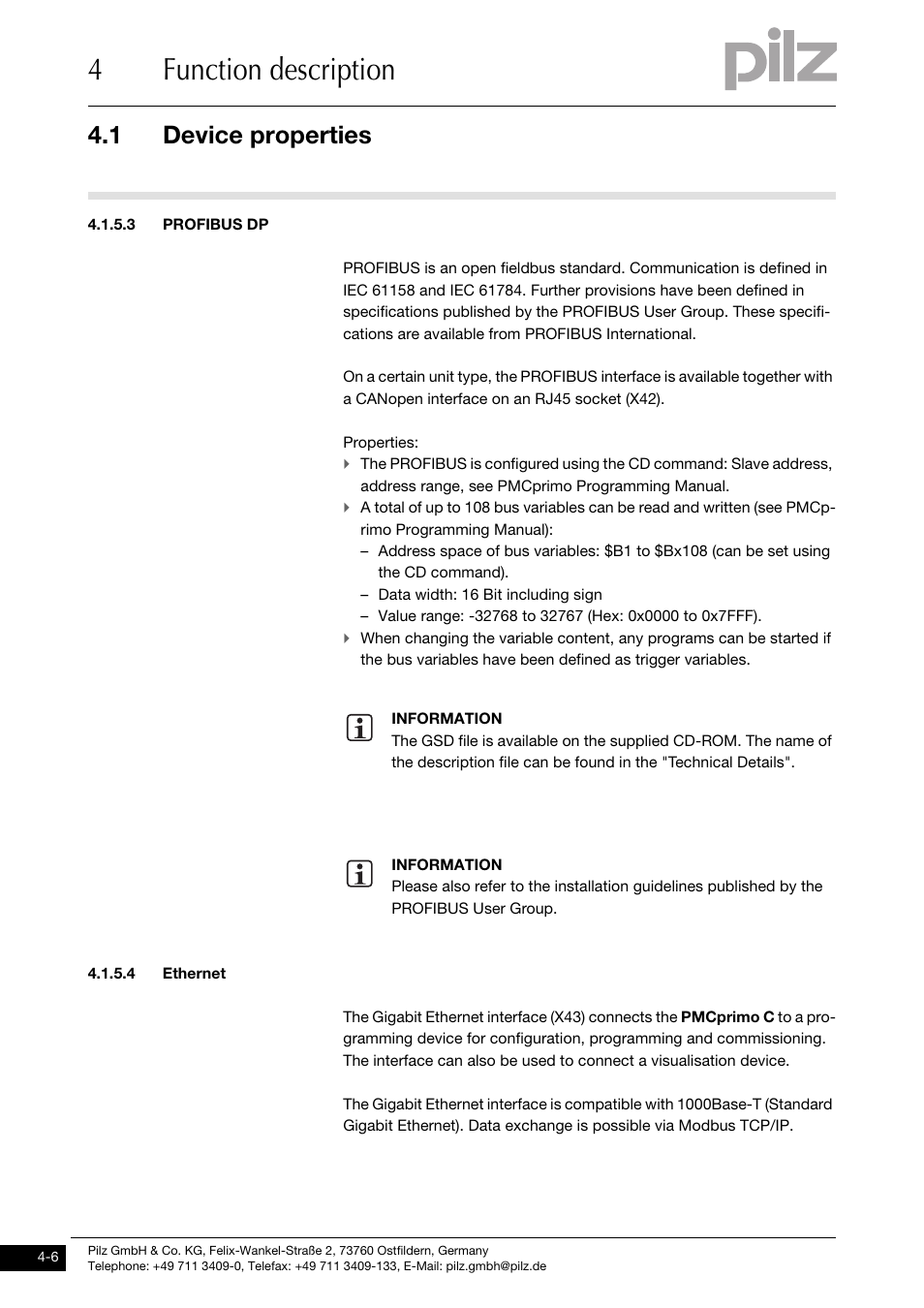 Profibus dp, Ethernet, 4function description | 1 device properties | Pilz PMCprimo DriveP.01/AA0/4/0/0/208-480VAC User Manual | Page 24 / 73