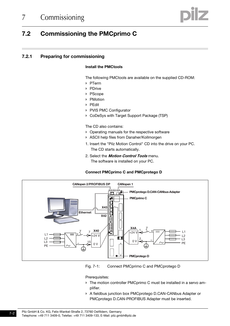 Commissioning the pmcprimo c, Preparing for commissioning, 7commissioning | 2 commissioning the pmcprimo c, 1 preparing for commissioning, Motion control tools, Pterm, Pdrive, Pscope, Pmotion | Pilz PMCprimo DriveP.01/AA0/4/0/0/208-480VAC User Manual | Page 46 / 73