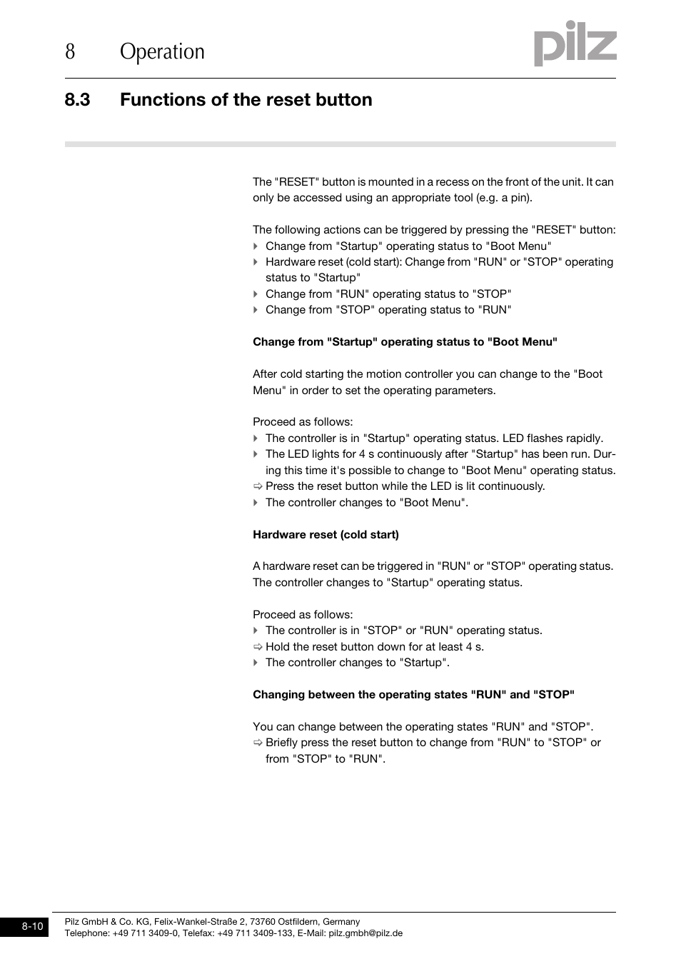 Functions of the reset button, 8operation, 3 functions of the reset button | Pilz PMCprimo DriveP.01/AA0/4/0/0/208-480VAC User Manual | Page 66 / 73