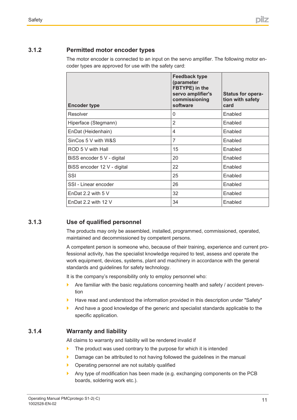 2 permitted motor encoder types, 3 use of qualified personnel, 4 warranty and liability | Permitted motor encoder types, Use of qualified personnel, Warranty and liability | Pilz PMCprimo DriveP.01/AA0/4/0/0/208-480VAC User Manual | Page 11 / 93