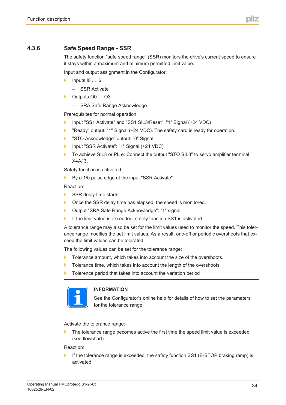 6 safe speed range - ssr, Safe speed range ­ ssr | Pilz PMCprimo DriveP.01/AA0/4/0/0/208-480VAC User Manual | Page 34 / 93