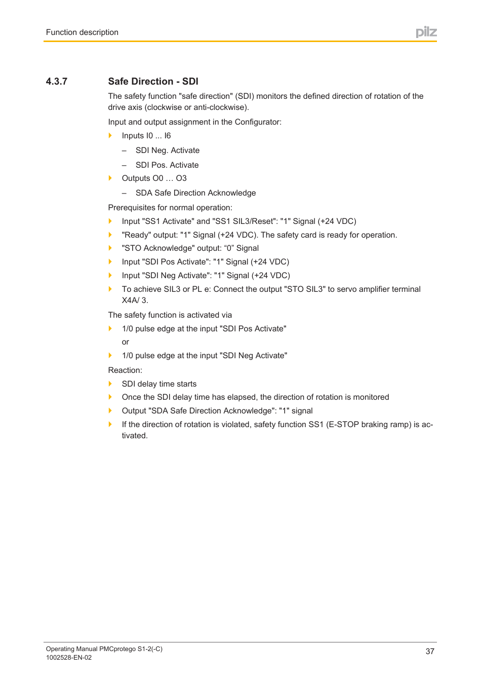 7 safe direction - sdi, Safe direction ­ sdi | Pilz PMCprimo DriveP.01/AA0/4/0/0/208-480VAC User Manual | Page 37 / 93